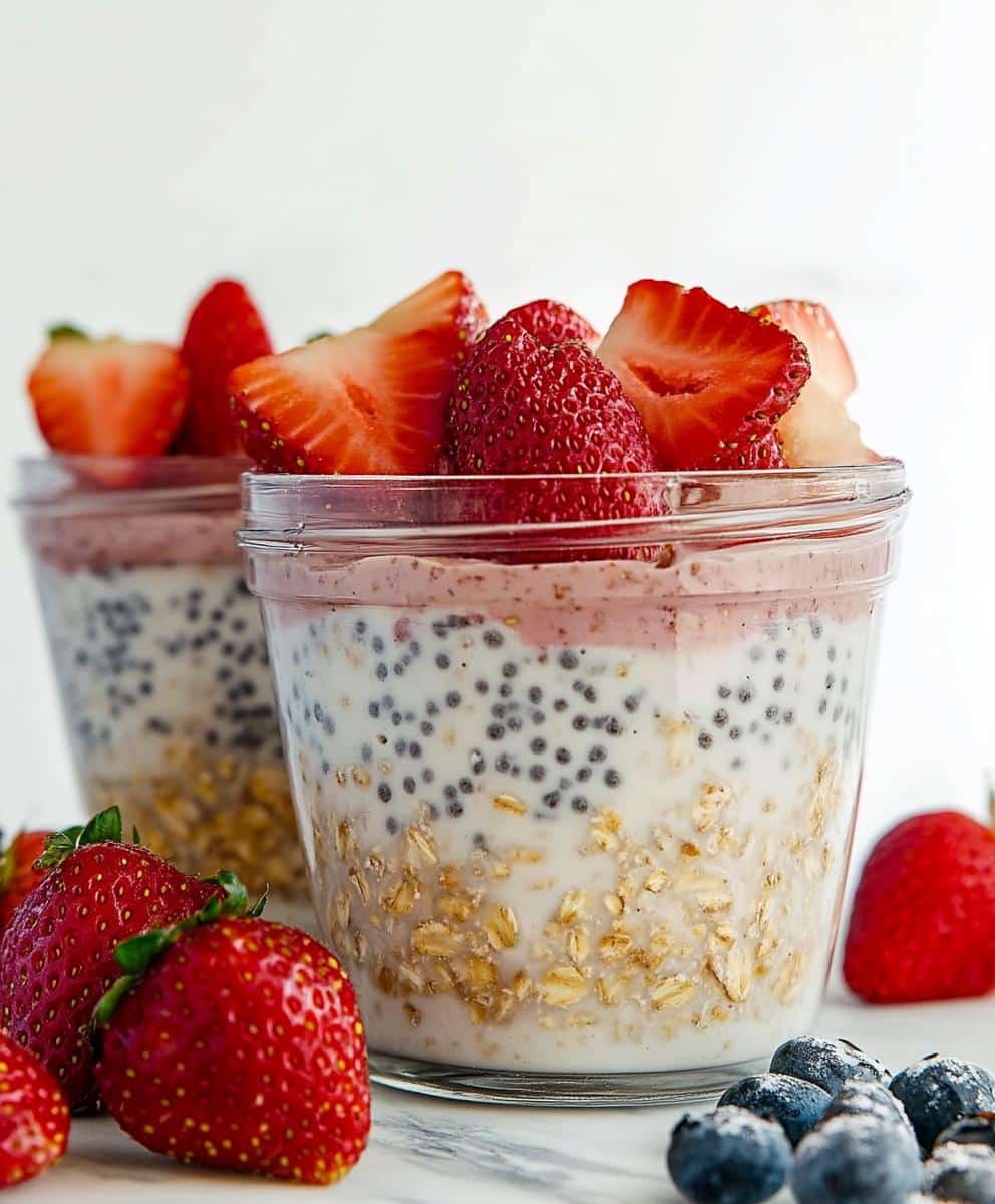 High Protein Strawberry Cheesecake Overnight Oats Recipe