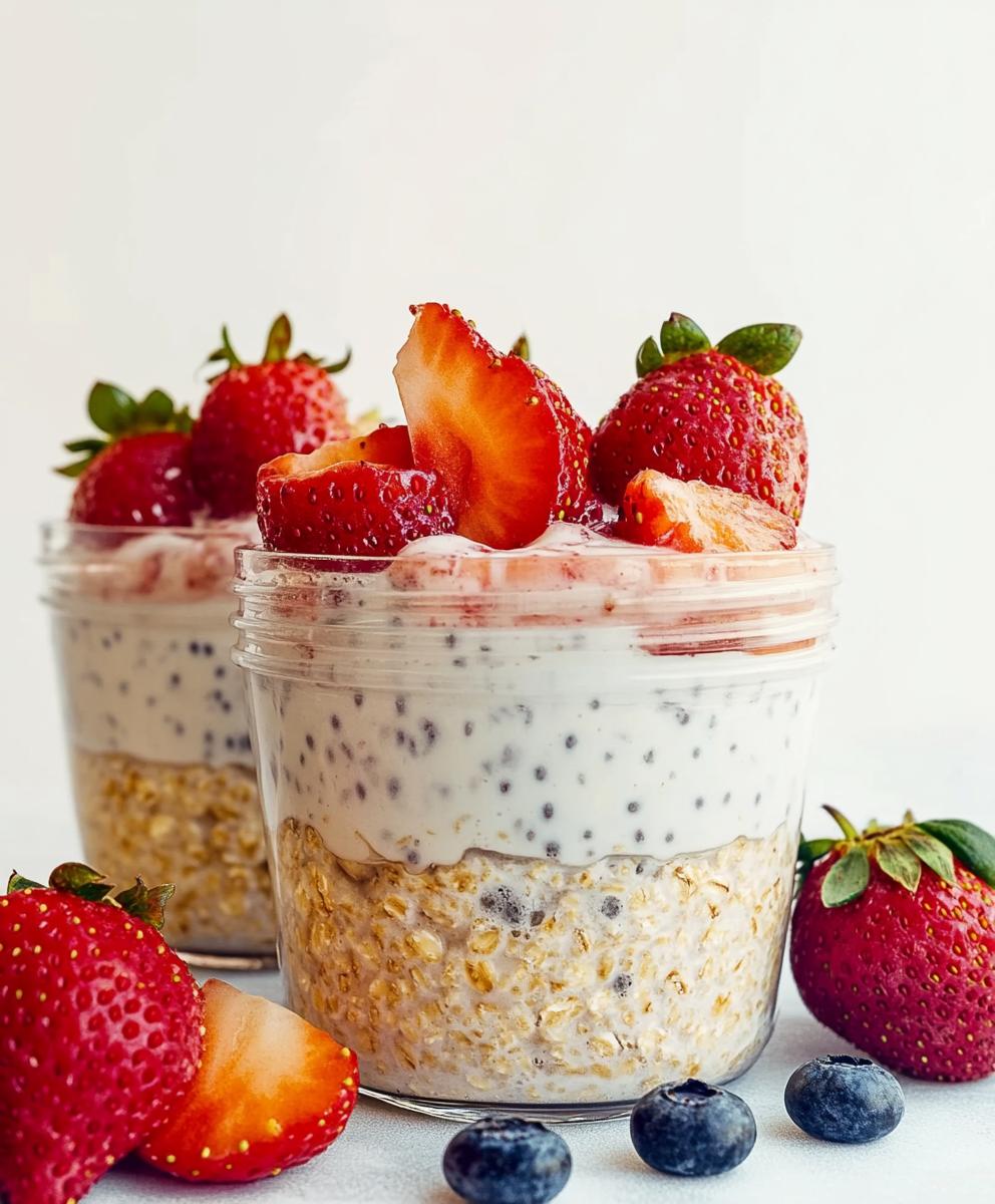High Protein Strawberry Cheesecake Overnight Oats Recipe
