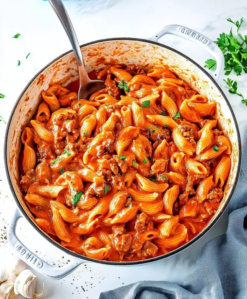 One Pot Creamy Tomato Beef Pasta Recipe