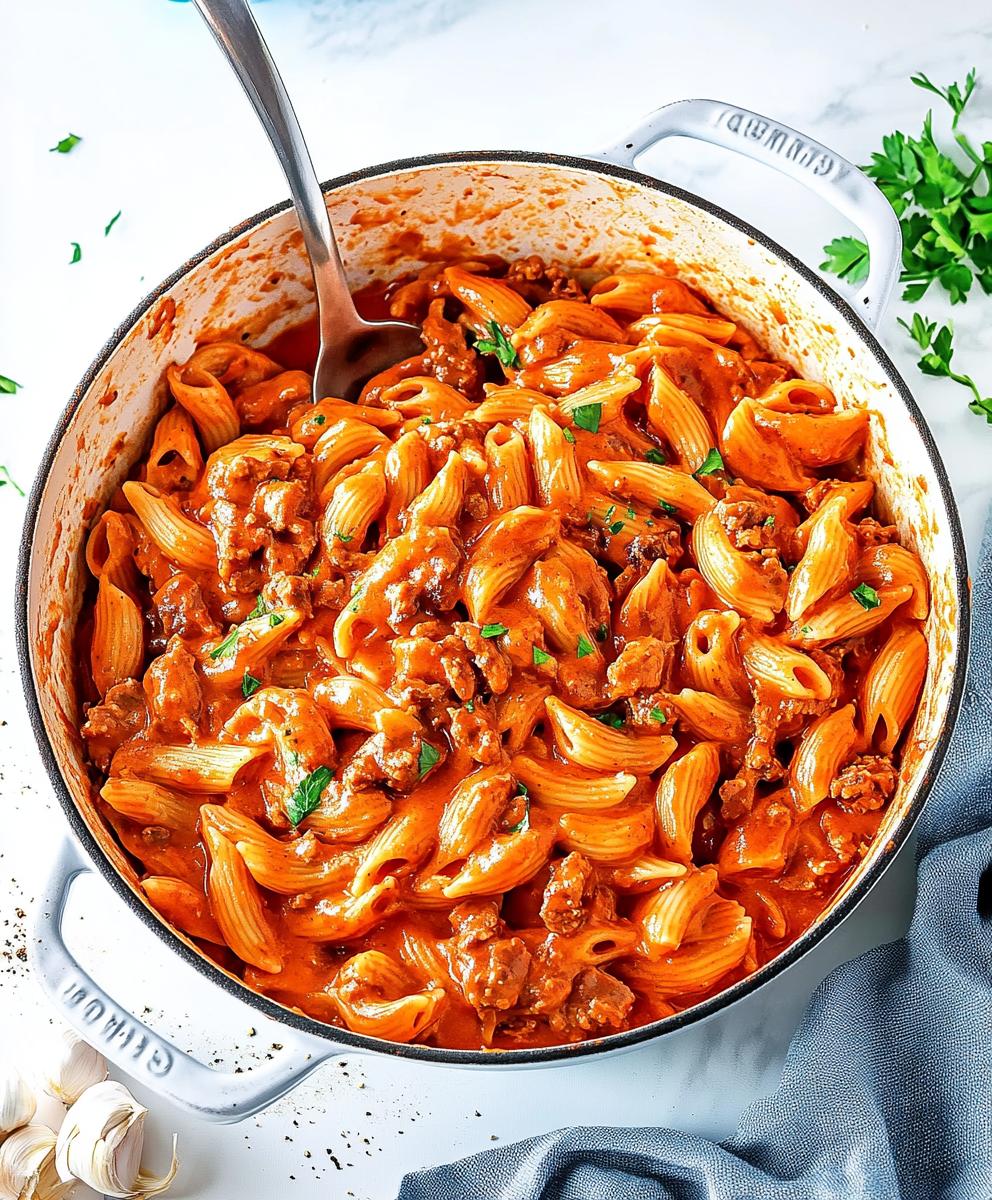 One Pot Creamy Tomato Beef Pasta Recipe