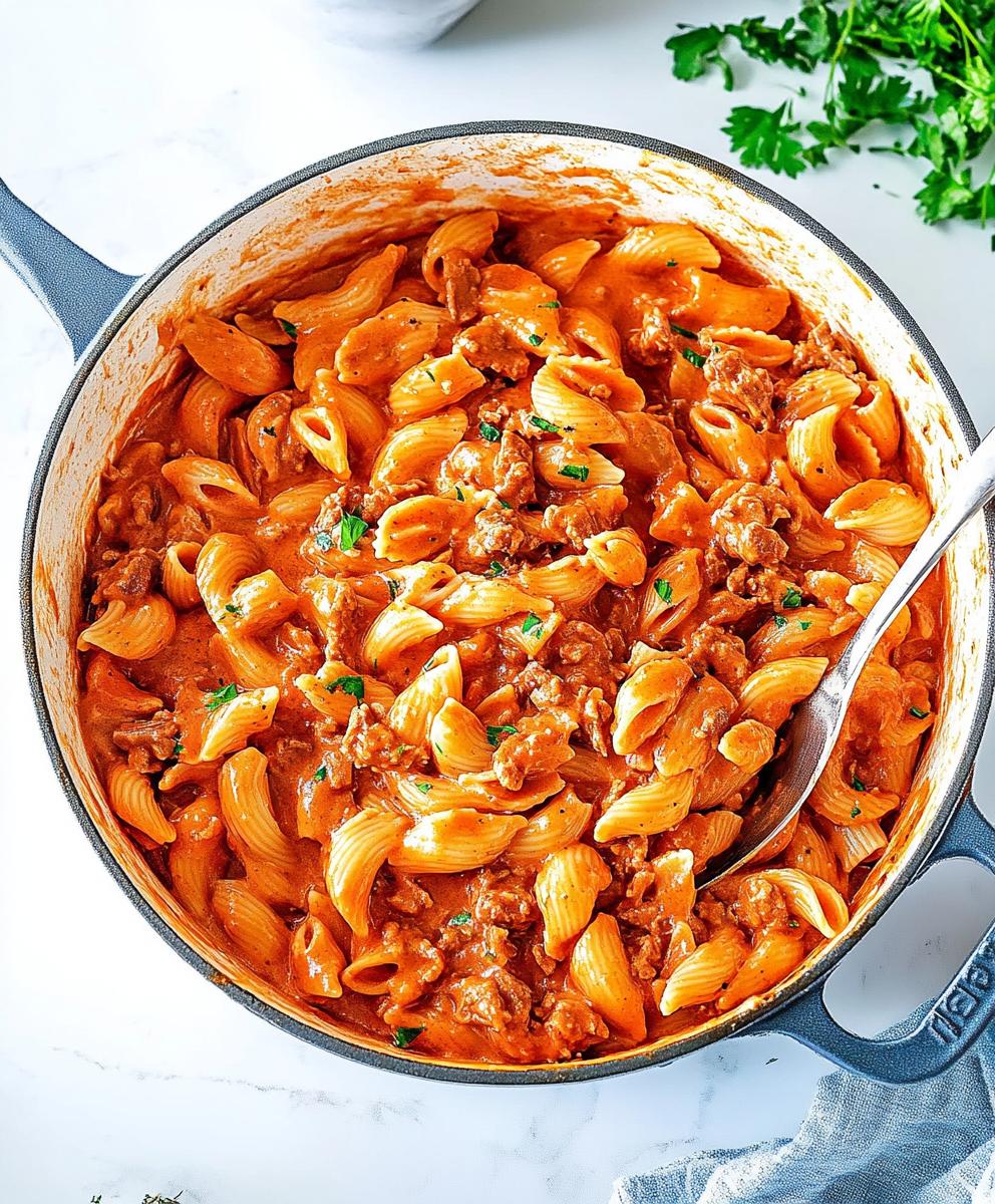 One Pot Creamy Tomato Beef Pasta Recipe