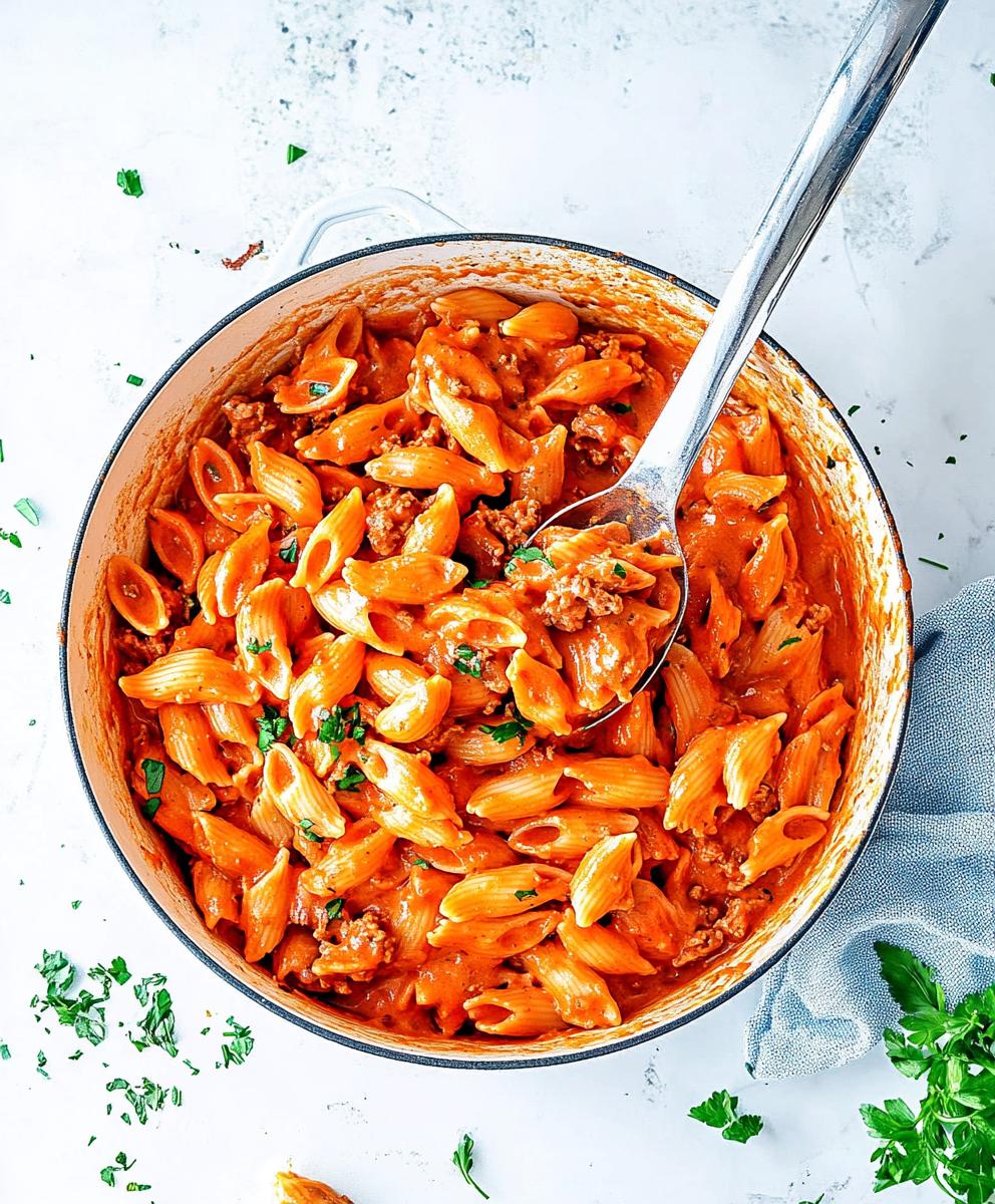 One Pot Creamy Tomato Beef Pasta Recipe