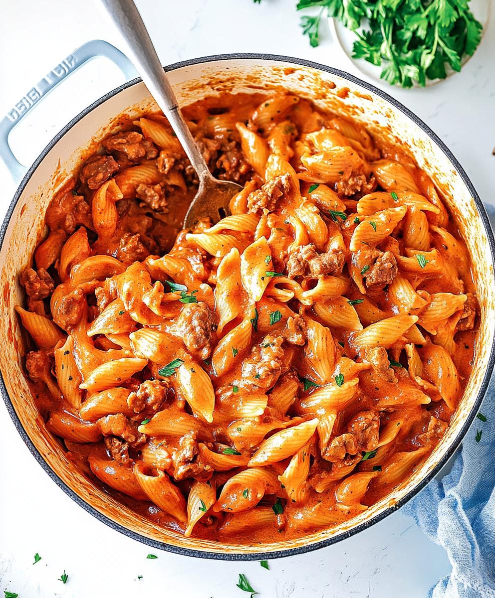 One Pot Creamy Tomato Beef Pasta Recipe